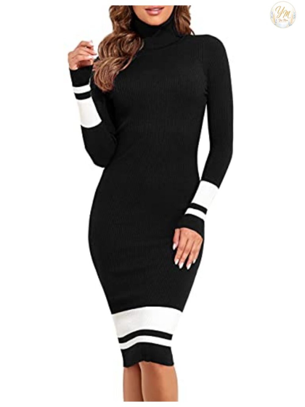 Long Sleeve Turtleneck Ribbed Knit Bodycon Midi Sweater Dress